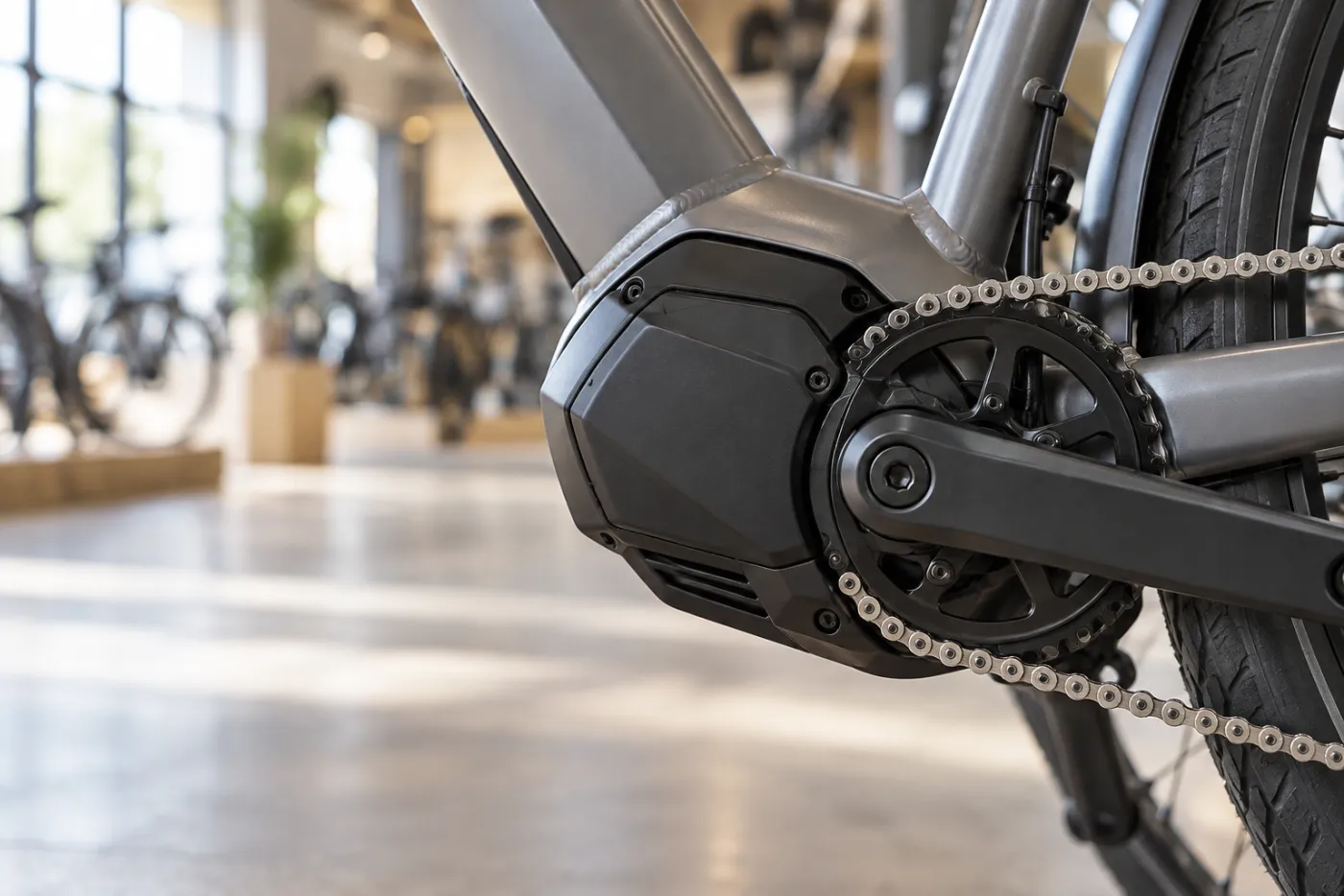 Illustration: Mittelmotor und Kettenblatt eines Trekking-E-Bikes