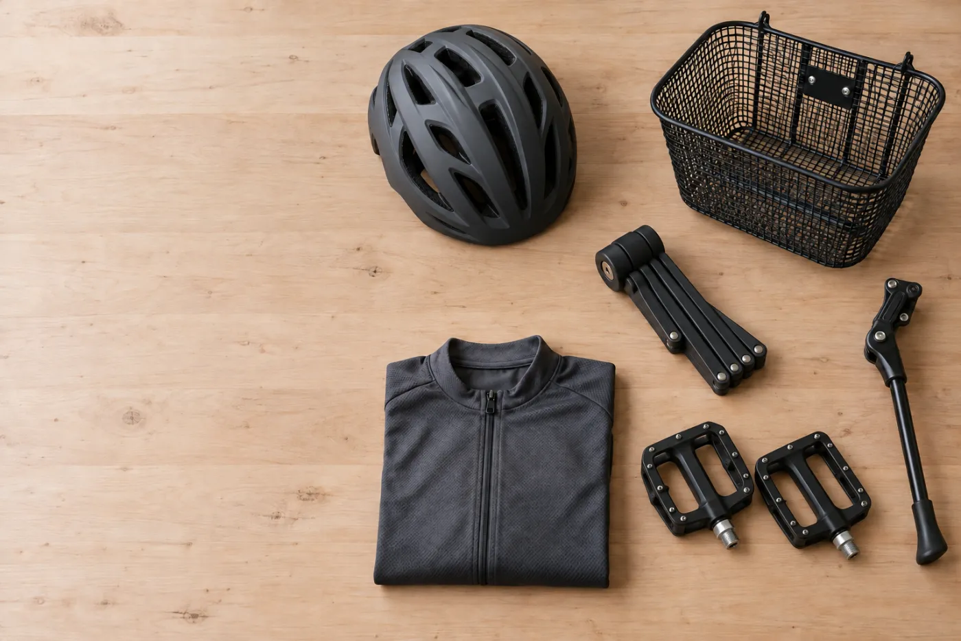 Illustration: Helm, Fahrradkorb, Faltschloss, Fahrradständer, gefaltetes Radtrikot und zwei Plattformpedale auf heller Holzplatte